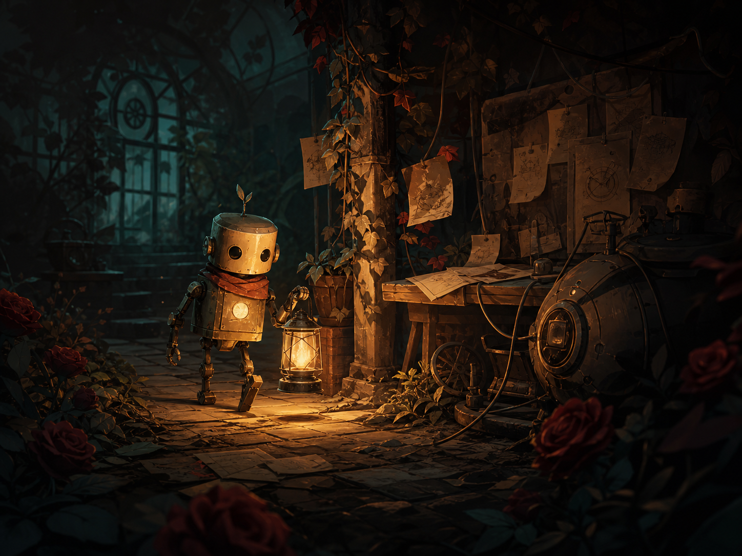 A handmade robot carrying a warm lantern through a shadowy workshop garden.