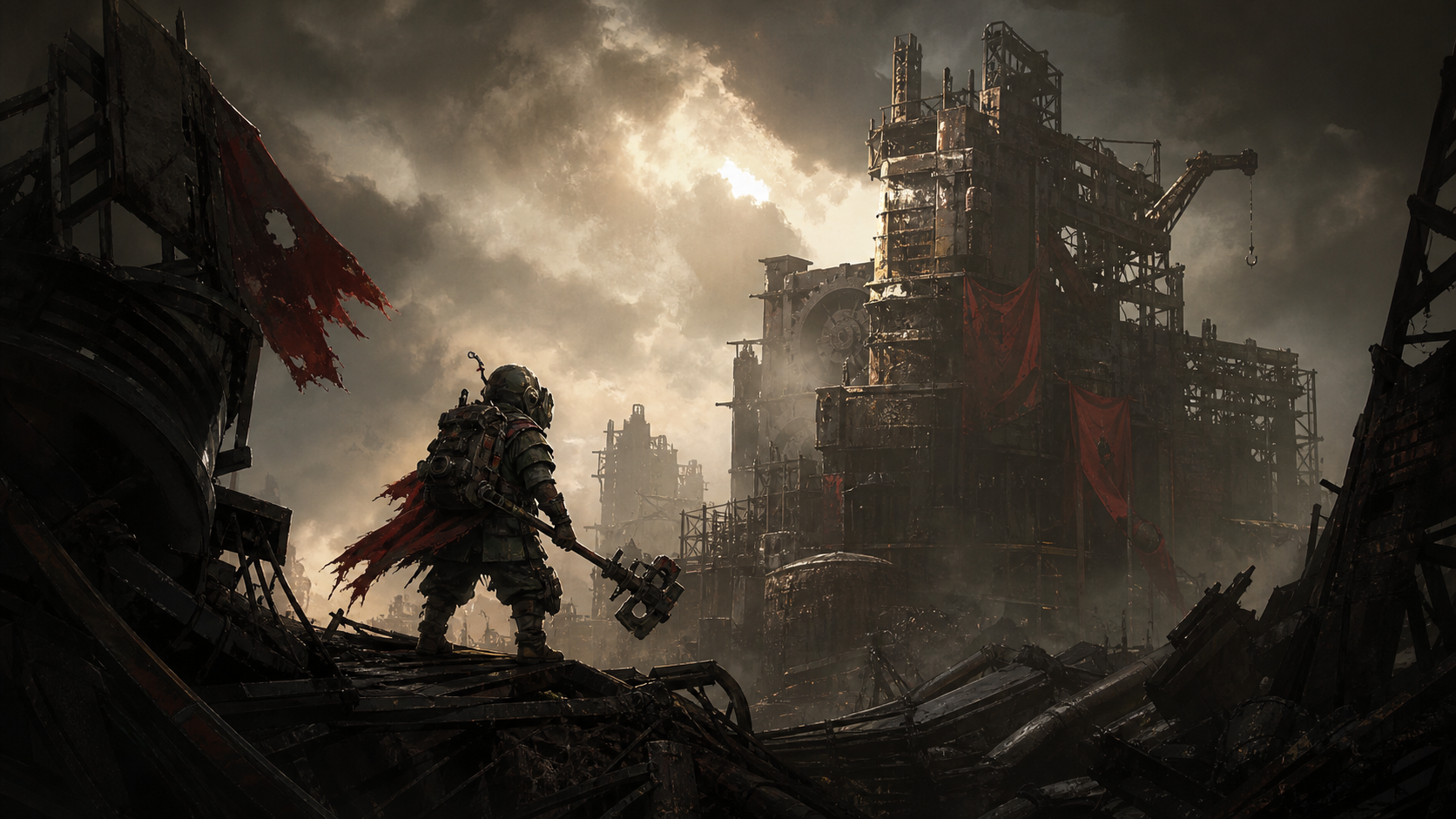 A scavenger fighter facing a towering scrap-built industrial ruin under a stormy sky.